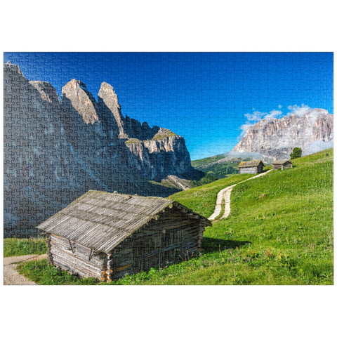 puzzleplate Am Grödner Joch gegen Sellagruppe und Langkofel (3181m), Dolomiten, Trentino-Südtirol 1000 Puzzle