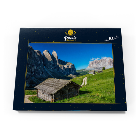 Am Grödner Joch gegen Sellagruppe und Langkofel (3181m), Dolomiten, Trentino-Südtirol 100 Puzzle Schachtel Ansicht3