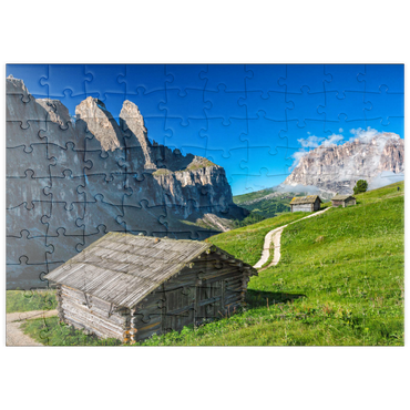 puzzleplate Am Grödner Joch gegen Sellagruppe und Langkofel (3181m), Dolomiten, Trentino-Südtirol 100 Puzzle