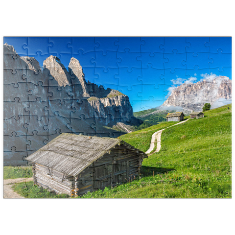 puzzleplate Am Grödner Joch gegen Sellagruppe und Langkofel (3181m), Dolomiten, Trentino-Südtirol 100 Puzzle