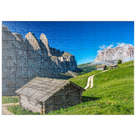 Darstellung des Puzzle Motivs Am Grödner Joch gegen Sellagruppe und Langkofel (3181m), Dolomiten, Südtirol - Puzzleteile: 100