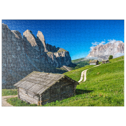 puzzleplate Am Grödner Joch gegen Sellagruppe und Langkofel (3181m), Dolomiten, Trentino-Südtirol 500 Puzzle