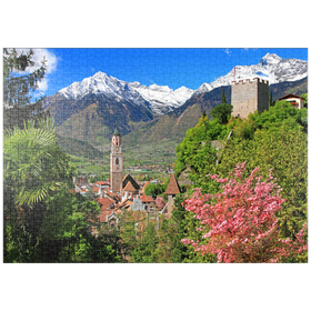 Darstellung des Puzzle-Motivs Altstadt mit Pfarrkirche und Pulverturm gegen Texelgruppe, Meran – Puzzleteile: 1000