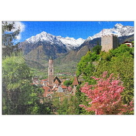 Darstellung des Puzzle Motivs Altstadt mit Pfarrkirche und Pulverturm gegen Texelgruppe, Meran - Puzzleteile: 500