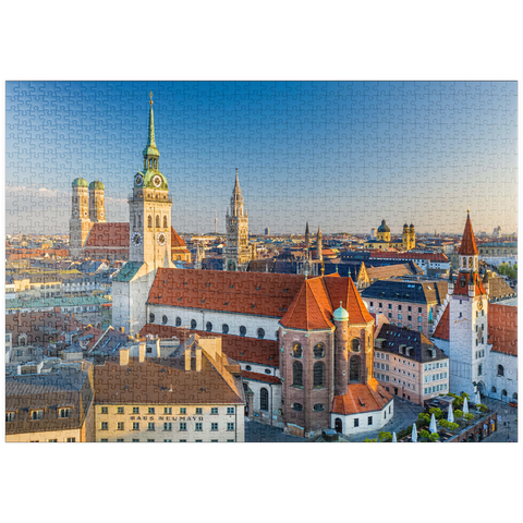 puzzleplate Altstadt mit der Kirche Alter Peter, Frauenkirche, Rathaus am Marienplatz und Altes Rathaus 1000 Puzzle