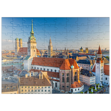 puzzleplate Altstadt mit der Kirche Alter Peter, Frauenkirche, Rathaus am Marienplatz und Altes Rathaus 100 Puzzle