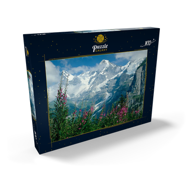 Blick von Mürren auf Eiger, Mönch und Jungfrau, Kanton Bern, Schweiz 100 Puzzle Schachtel Ansicht2