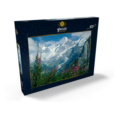 Blick von Mürren auf Eiger, Mönch und Jungfrau, Kanton Bern, Schweiz 100 Puzzle Schachtel Ansicht2
