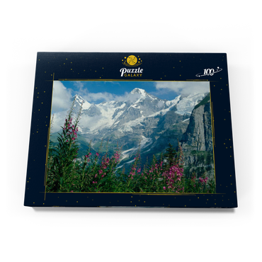 Blick von Mürren auf Eiger, Mönch und Jungfrau, Kanton Bern, Schweiz 100 Puzzle Schachtel Ansicht3