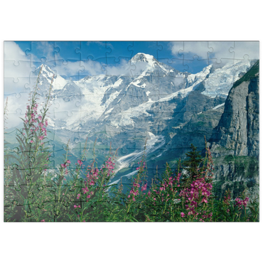 puzzleplate Blick von Mürren auf Eiger, Mönch und Jungfrau, Kanton Bern, Schweiz 100 Puzzle