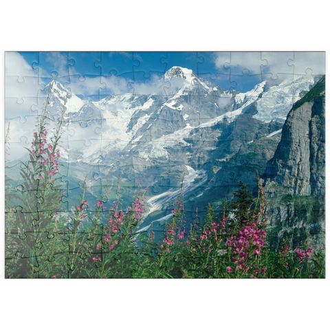 puzzleplate Blick von Mürren auf Eiger, Mönch und Jungfrau, Kanton Bern, Schweiz 100 Puzzle