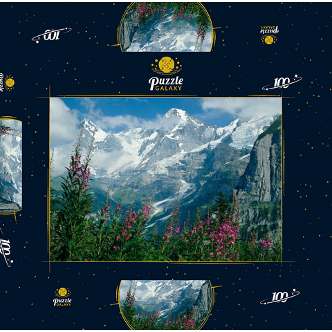 Blick von Mürren auf Eiger, Mönch und Jungfrau, Kanton Bern, Schweiz 100 Puzzle Schachtel 3D Modell