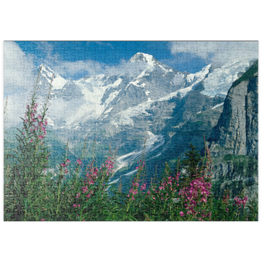 puzzleplate Blick von Mürren auf Eiger, Mönch und Jungfrau, Kanton Bern, Schweiz 500 Puzzle