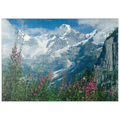 puzzleplate Blick von Mürren auf Eiger, Mönch und Jungfrau, Kanton Bern, Schweiz 500 Puzzle