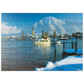 Darstellung des Puzzle Motivs Malerwinkel mit Kirche von Rottach-Egern am Tegernsee und Blick zum Wallberg - Puzzleteile: 100