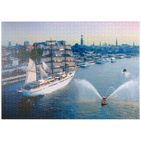 Darstellung des Puzzle-Motivs Begrüßung der Sea Cloud an den St. Pauli Landungsbrücken, Hamburg, Deutschland – Puzzleteile: 1000