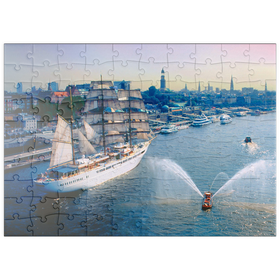 Darstellung des Puzzle Motivs Begrüßung der Sea Cloud an den St. Pauli Landungsbrücken, Hamburg, Deutschland - Puzzleteile: 100