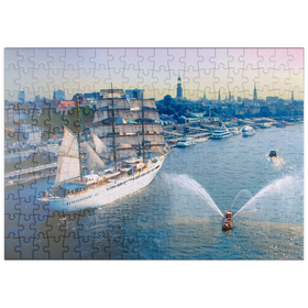Darstellung des Puzzle-Motivs Begrüßung der Sea Cloud an den St. Pauli Landungsbrücken, Hamburg, Deutschland – Puzzleteile: 200