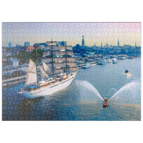 Darstellung des Puzzle-Motivs Begrüßung der Sea Cloud an den St. Pauli Landungsbrücken, Hamburg, Deutschland – Puzzleteile: 500