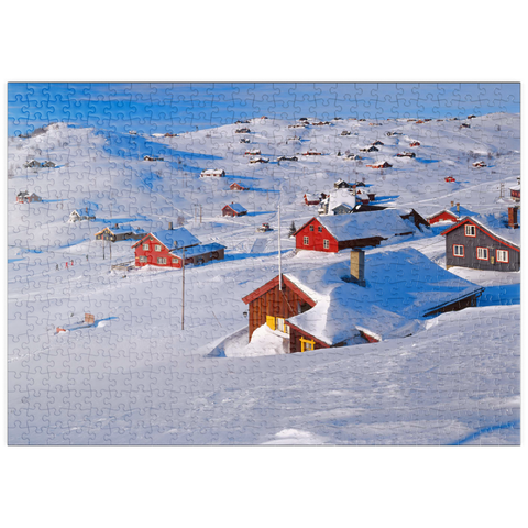 puzzleplate Blick über das Hüttendorf Ustaoset, Buskerud, Hallingdal, Norwegen 500 Puzzle