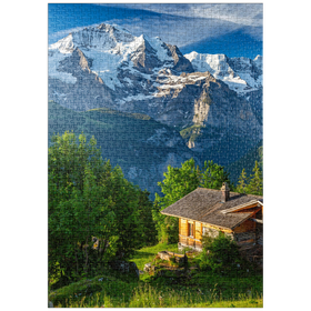 Darstellung des Puzzle-Motivs Isenfluh, Weiler Sulwald (1520m) Hütte gegen Jungfrau (4158m) – Puzzleteile: 1000