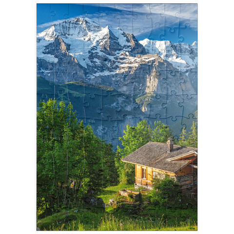 puzzleplate Isenfluh, Weiler Sulwald (1520m) Hütte gegen Jungfrau (4158m) 100 Puzzle