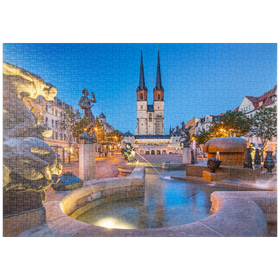 Darstellung des Puzzle-Motivs Göbel Brunnen am Hallmarkt mit der Marktkirche St. Marien, Marienkirche – Puzzleteile: 1000