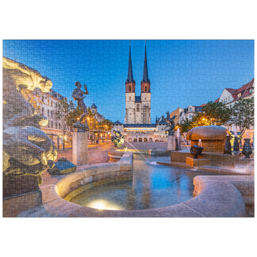 puzzleplate Göbel Brunnen am Hallmarkt mit der Marktkirche St. Marien, Marienkirche 1000 Puzzle
