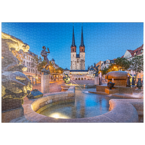 puzzleplate Göbel Brunnen am Hallmarkt mit der Marktkirche St. Marien, Marienkirche 1000 Puzzle