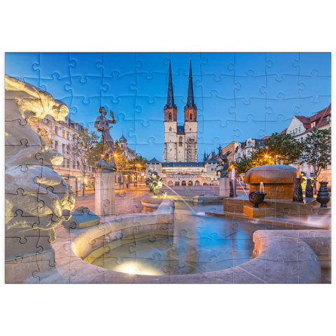 puzzleplate Göbel Brunnen am Hallmarkt mit der Marktkirche St. Marien, Marienkirche 100 Puzzle
