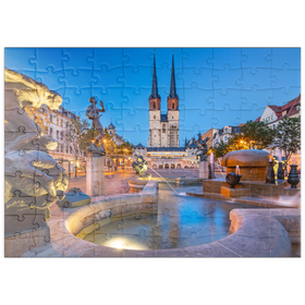 Darstellung des Puzzle Motivs Göbel Brunnen am Hallmarkt mit der Marktkirche St. Marien, Marienkirche - Puzzleteile: 100