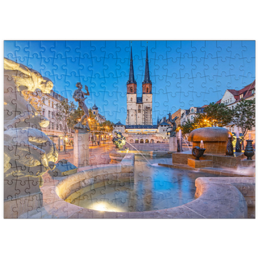 puzzleplate Göbel Brunnen am Hallmarkt mit der Marktkirche St. Marien, Marienkirche 200 Puzzle