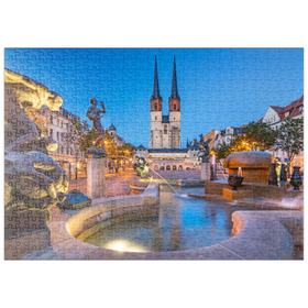 Darstellung des Puzzle Motivs Göbel Brunnen am Hallmarkt mit der Marktkirche St. Marien, Marienkirche - Puzzleteile: 500