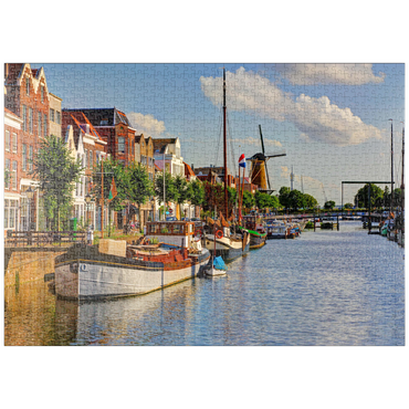 puzzleplate Hafen im Stadtteil Delfshaven mit der Windmühle de Disteleerketel, Rotterdam 1000 Puzzle