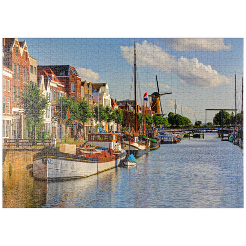 puzzleplate Hafen im Stadtteil Delfshaven mit der Windmühle de Disteleerketel, Rotterdam 1000 Puzzle