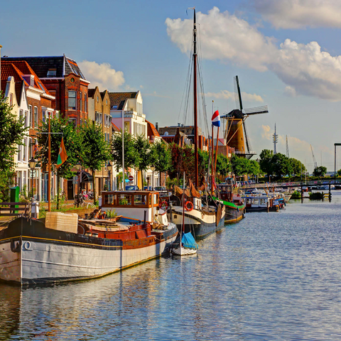 Hafen im Stadtteil Delfshaven mit der Windmühle de Disteleerketel, Rotterdam 1000 Puzzle 3D Modell