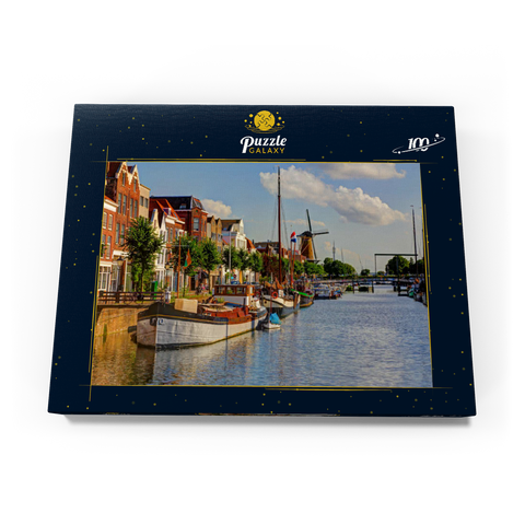 Hafen im Stadtteil Delfshaven mit der Windmühle de Disteleerketel, Rotterdam 100 Puzzle Schachtel Ansicht3
