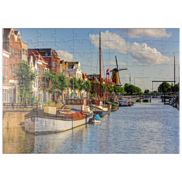 puzzleplate Hafen im Stadtteil Delfshaven mit der Windmühle de Disteleerketel, Rotterdam 100 Puzzle