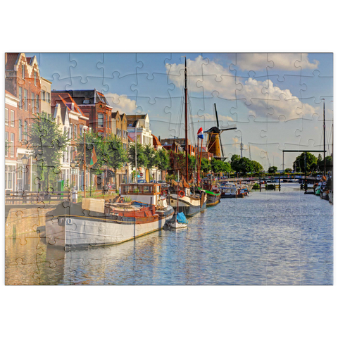 puzzleplate Hafen im Stadtteil Delfshaven mit der Windmühle de Disteleerketel, Rotterdam 100 Puzzle