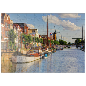 Darstellung des Puzzle Motivs Hafen im Stadtteil Delfshaven mit der Windmühle de Disteleerketel, Rotterdam - Puzzleteile: 100