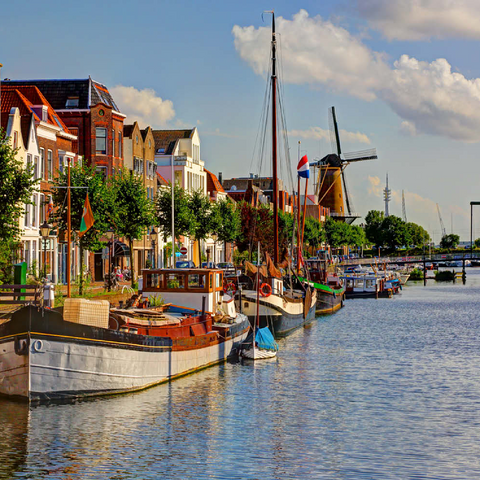Hafen im Stadtteil Delfshaven mit der Windmühle de Disteleerketel, Rotterdam 100 Puzzle 3D Modell