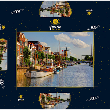 Hafen im Stadtteil Delfshaven mit der Windmühle de Disteleerketel, Rotterdam 100 Puzzle Schachtel 3D Modell