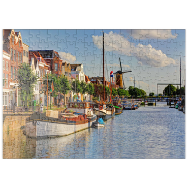 puzzleplate Hafen im Stadtteil Delfshaven mit der Windmühle de Disteleerketel, Rotterdam 200 Puzzle
