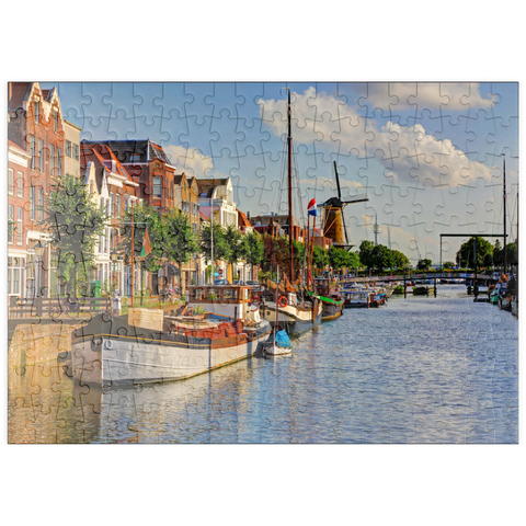 puzzleplate Hafen im Stadtteil Delfshaven mit der Windmühle de Disteleerketel, Rotterdam 200 Puzzle