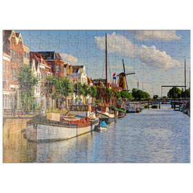 Darstellung des Puzzle Motivs Hafen im Stadtteil Delfshaven mit der Windmühle de Disteleerketel, Rotterdam - Puzzleteile: 200