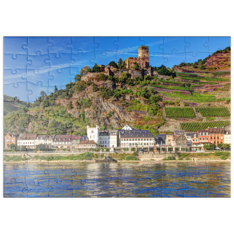puzzleplate Blick über den Rhein mit Burg Gutenfels in Kaub, Rheintal 100 Puzzle