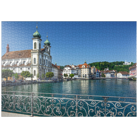 Darstellung des Puzzle-Motivs Blick vom Rathaussteg über die Reuss zur Jesuitenkirche, Luzern – Puzzleteile: 1000