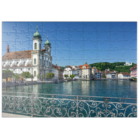 puzzleplate Blick vom Rathaussteg über die Reuss zur Jesuitenkirche, Luzern 100 Puzzle