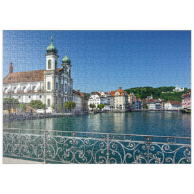 Darstellung des Puzzle-Motivs Blick vom Rathaussteg über die Reuss zur Jesuitenkirche, Luzern – Puzzleteile: 500