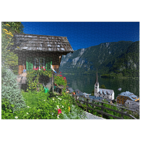Darstellung des Puzzle-Motivs Alte Hütte mit Blick auf Hallstatt am Hallstättersee – Puzzleteile: 1000